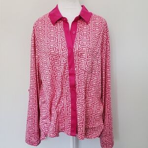 DKNY Hot Pink Monogram Geometric Button-Down Lounge Blouse Roll Up Sleeves NEW
